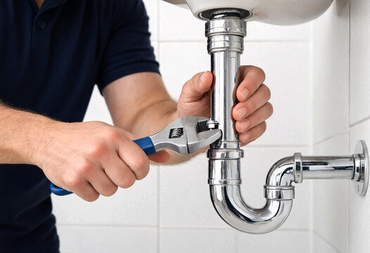 Plumber using wrench to fix chrome sink plumbing pipes under bathroom faucet