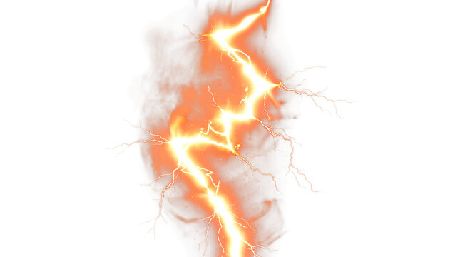 Vibrant orange lightning bolt digital render with branching electric arcs and glowing plasma effects, isolated on a clean transparent background for graphic design.