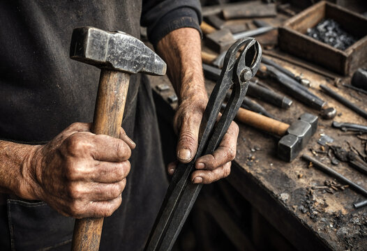Blacksmith Holding Hammer And Tongs In Rustic Workshop Setting