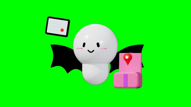 3D glossy animation of a cute kawaii bat delivery mascot with a fully solid pink box and proper lid hinge with smooth reflections on green screen