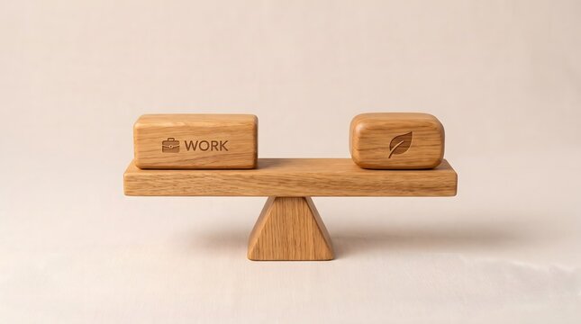 A small wooden seesaw balancing two wooden blocks representing work and nature sustainability.