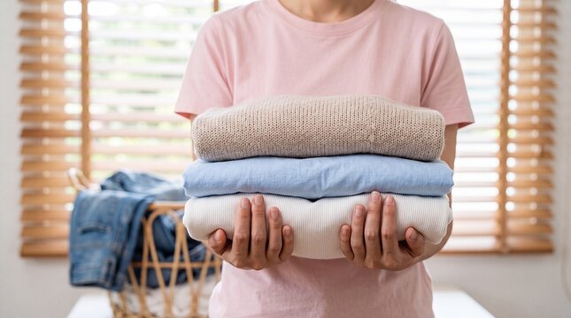 Woman holding a stack of clean, freshly folded laundry at home in a bright room