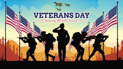 Obraz premium Veteran's day silhouette vector illustration with american flag and soldiers. 