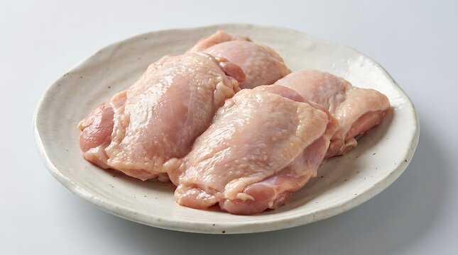 Fresh raw chicken thighs on a ceramic plate ready for cooking. boneless chicken thigh