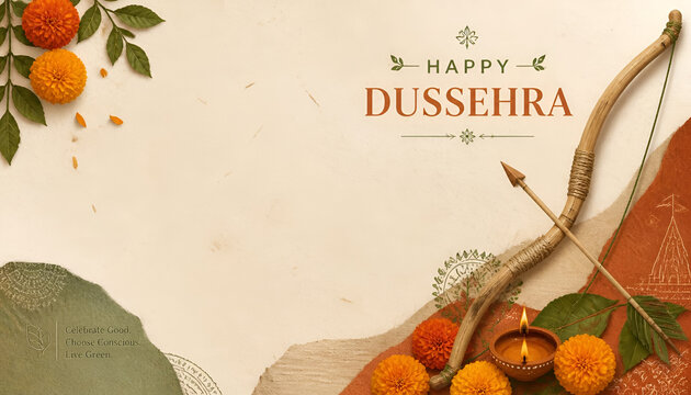 Happy dussehra festival greeting card background with traditional bow arrow and marigold flowers hindu festival oil lamp indian festival floral background