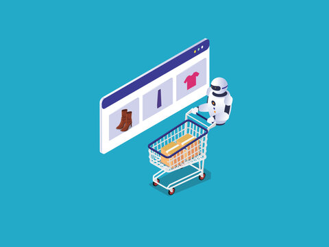 AI Robot Online Shopping Assistant and E-Commerce Order Fulfillment 3d isometric vector illustration