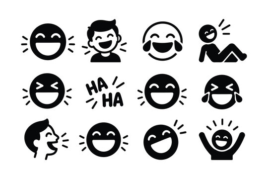 Collection of laughing and happy emoji icons and human faces.