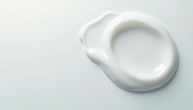 Creamy white substance on smooth surface forming a circle. Smooth dripping texture creates an abstract shape resembling a ring. Ideal for product ads showcasing creams or sauces.