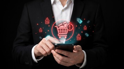 ecommerce scam alert and online shopping fraud detection system. credit card security interface. businessman using smartphone with glowing red shopping cart and warning icons.   © Studio KN