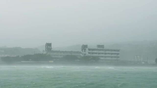 Hurricane Wind And Rain Lash Coastal Bay On Tropical Island