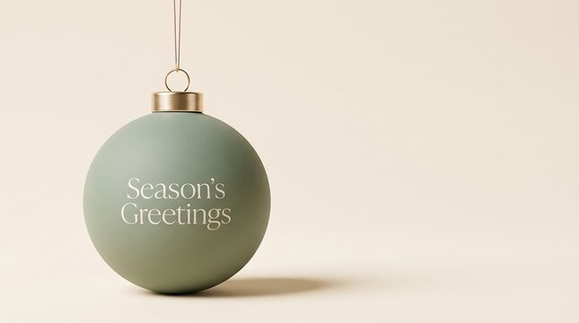 Green christmas ornament with seasons greetings hanging against a neutral background