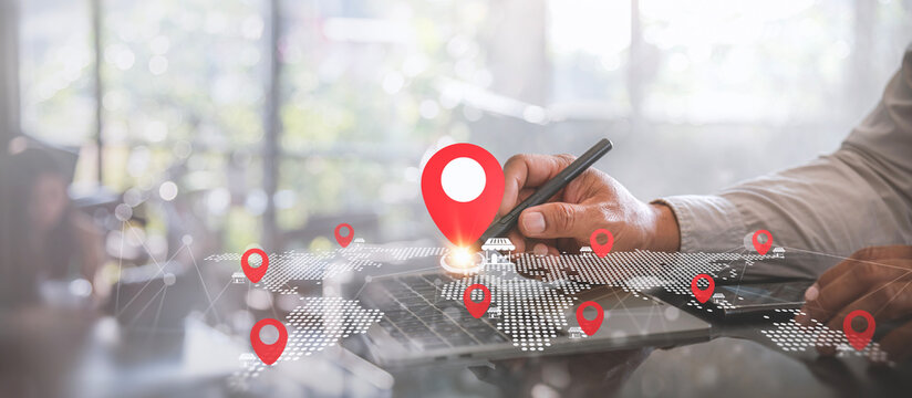 Global Logistics and Store Location Tracking Banner with Businessman Holding Stylus Pen.