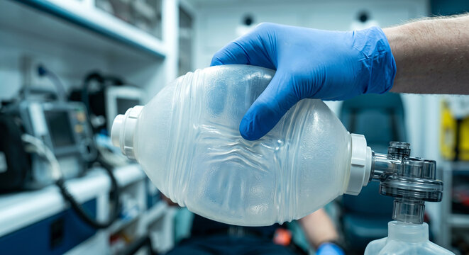 Emergency medical technician preparing bag valve mask for artificial respiration support.