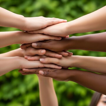 Diverse hands stacked in unity, symbolizing teamwork and collaboration.