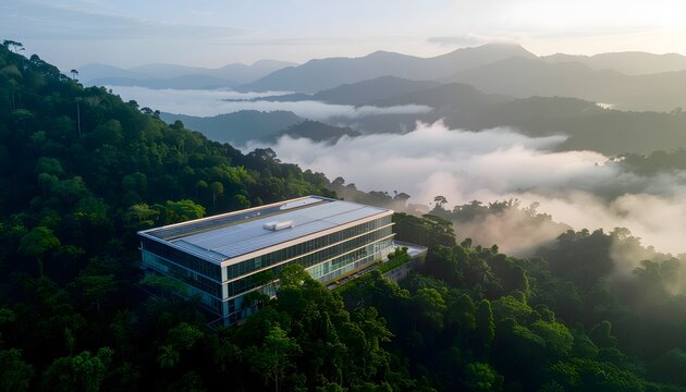 Highly advanced sustainable data center built into a lush green mountain reflecting the surrounding forest