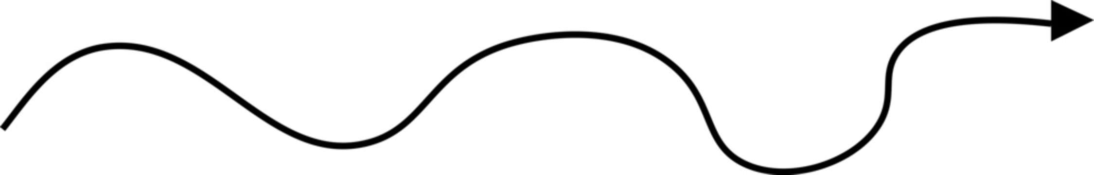 Wavy arrow line vector. Features a curved horizontal direction pointer with smooth loops. Clean black graphic for data flow charts, infographics, and navigation mapping directions.