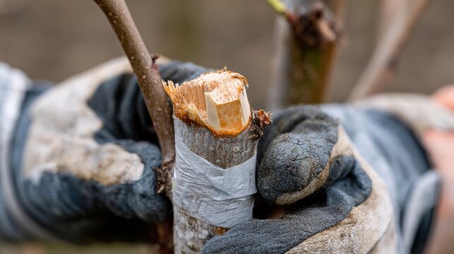 Hands in protective gloves hold pear tree rootstock with a precise cut wrapped in paraffin tape in a neutral orchard background.