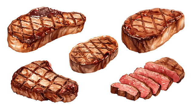 Several watercolor-style beef steak illustrations with transparent backgrounds.