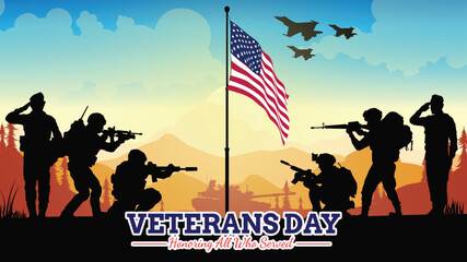 Obraz premium Veteran's day silhouette vector illustration with american flag and soldiers. 