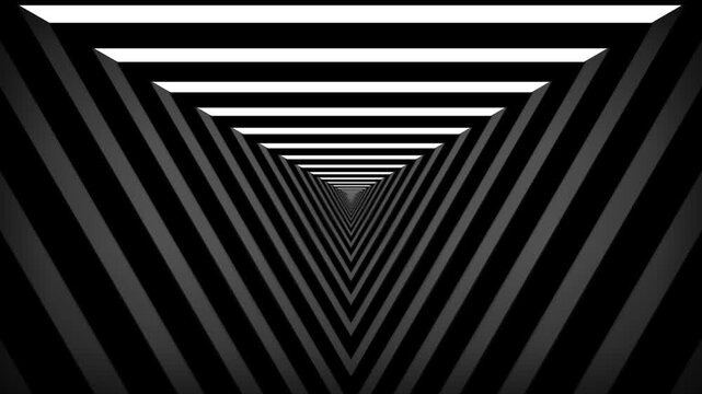Black and white inverted triangle tunnel loop background, minimal 3D optical illusion