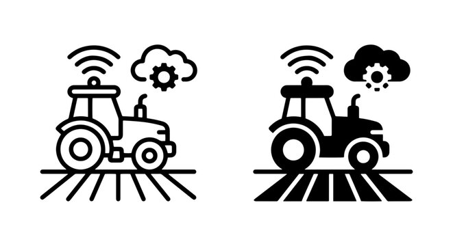 Smart Farming Tractor Icons, Agriculture Technology, Connected Farm Field, Wireless Data Cloud, Precision Cultivation, Modern Agribusiness Vector Set