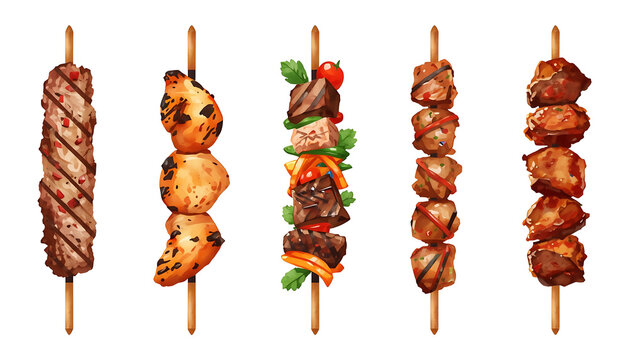 Several watercolor-style illustrations of meat skewers satay kebab on a transparent background.