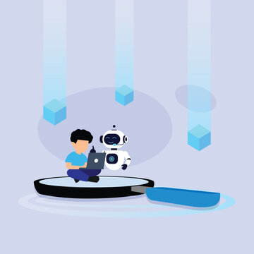 AI Assistant Robot Helping Man Analyze Data on Giant Magnifying Glass 2d flat vector illustration