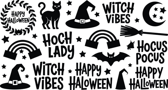 Playful Halloween decals featuring witch hats black cats rainbows and text like hocus pocus and witch vibes