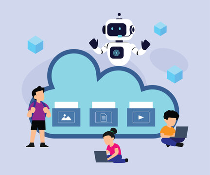 AI Assistant Robot Managing Cloud Storage and Data Files for People 2d flat vector illustration