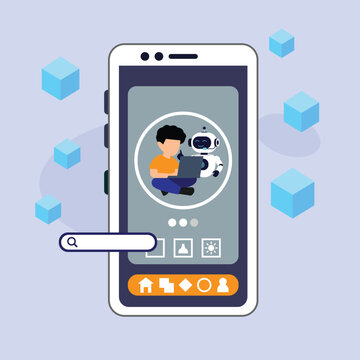 Mobile app UI design featuring AI tutoring and online learning with a student and robot 2d flat vector illustration