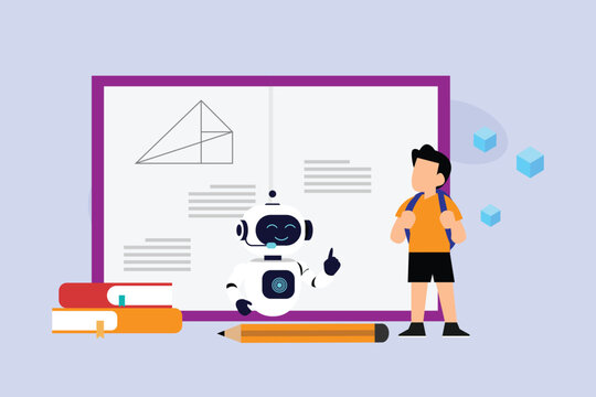 AI tutor helping a student with homework and mathematics learning 2d flat vector illustration