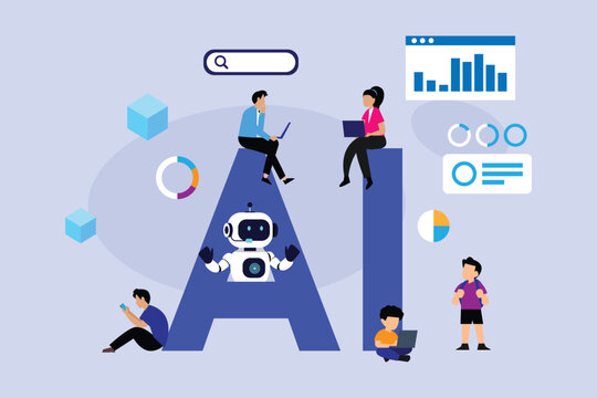 AI technology and artificial intelligence concept with robot and people working on data analytics 2d flat vector illustration