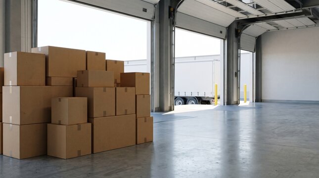 Cardboard boxes stacked on a clean concrete floor in a modern warehouse loading dock ready for shipping