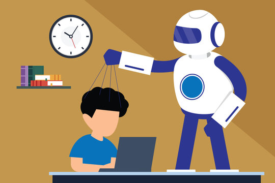 AI robot controlling student's mind with strings for artificial intelligence influence and education concepts 2d flat vector illustration