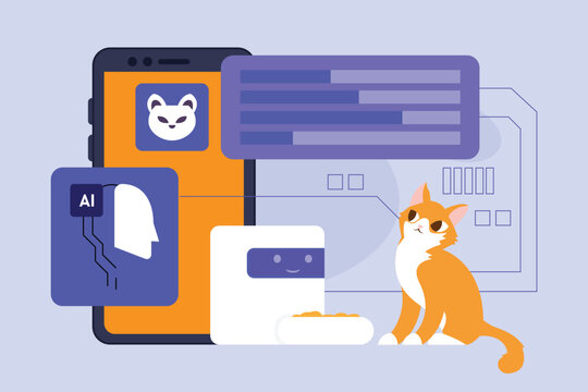 Smart AI Pet Care Feeder and Mobile Health Tracking Interface 2d flat vector illustration