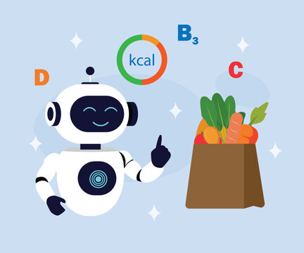 AI Nutrition Assistant Analyzing Calories and Vitamins in Fresh Groceries 2d flat vector illustration