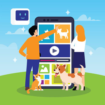 Pet Owners Using AI Mobile Application for Dog and Cat Training Video 2d flat vector illustration