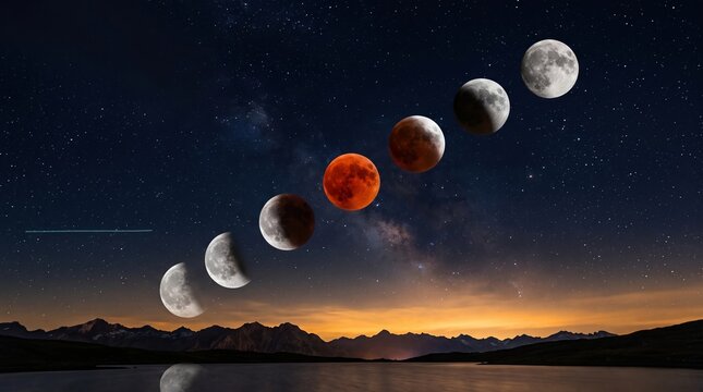 Sequence of lunar eclipse phases showing the moon against a dark starry sky above a tranquil lake landscape with night sky celestial event full moon nature landscape lunar cycle