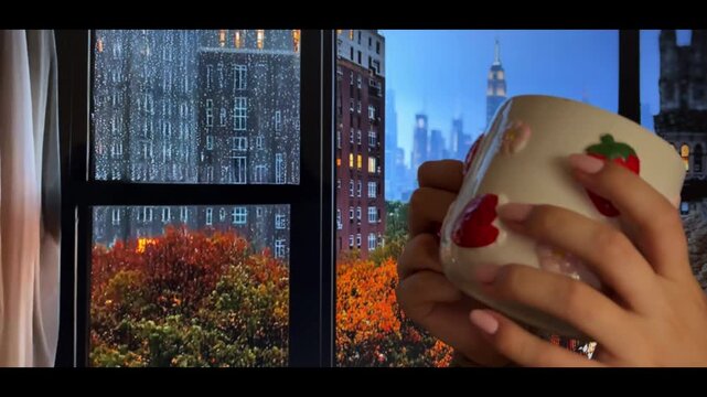 Woman enjoying a hot coffee watching the autumn rain fall over the new york city skyline from her apartment window, creating a serene and cozy atmosphere at home