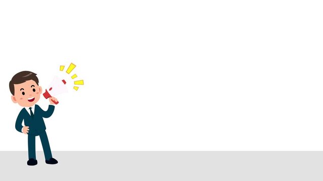 Animated flat vector businessman character speaking and making an announcement using a red megaphone, isolated on a white background