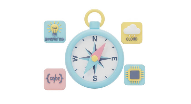 Compass guiding innovation cloud computing and software development concepts with bright lighting