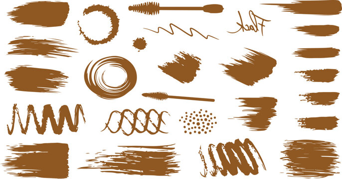A collection of warm brown paint and makeup brush strokes, mascara wand test lines, circular swatches, and scribbles isolated on a white background.