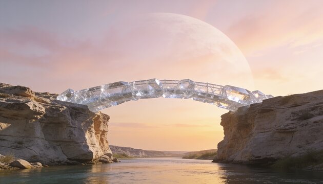Natural translucent crystal bridge spanning limestone cliffs above freshwater river at sunrise
