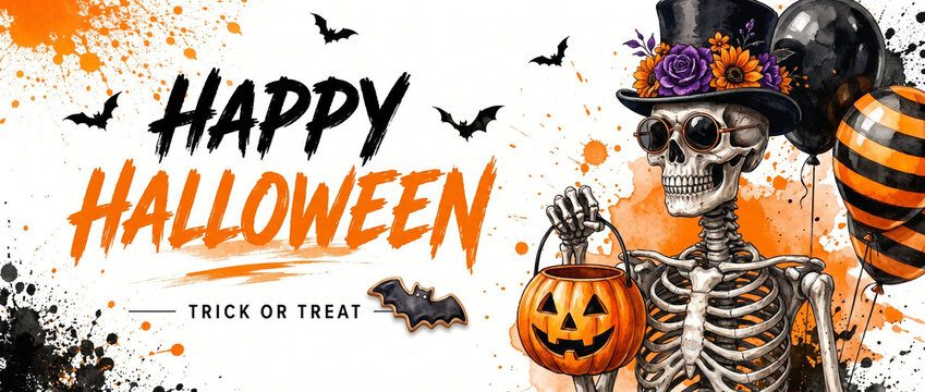 Happy Halloween Skeleton with Pumpkin Bucket, Top Hat, Balloons and Trick or Treat Spooky Party Design