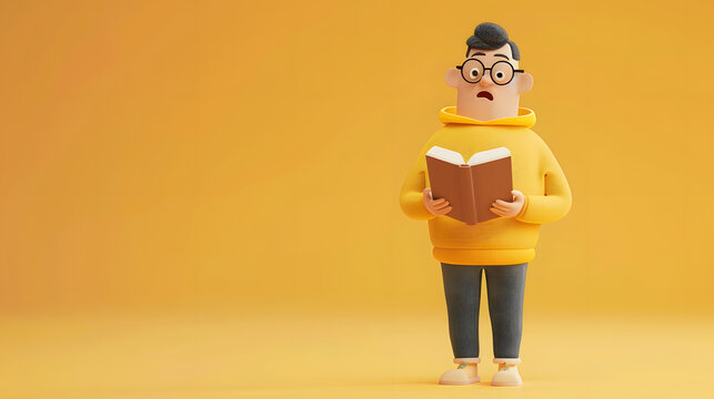 Amazed 3D male character with glasses reading an open book against a vibrant yellow backdrop