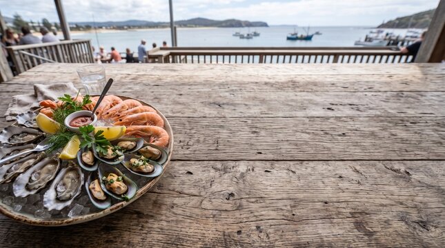Fresh seafood platter with oysters and prawns served on a rustic wooden table overlooking the ocean bay at a coastal restaurant