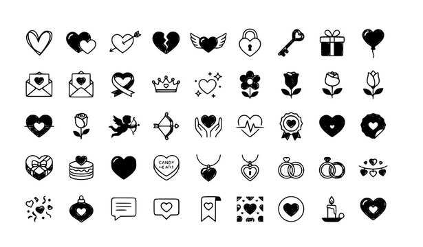 love, valentine, romance, heart, icon, set, vector, flat, silhouette, cupid, arrow, gift, ring, crown, key, bird, flower, message, chat, medal, candle, wedding, couple, black, symbol, celebration, aff
