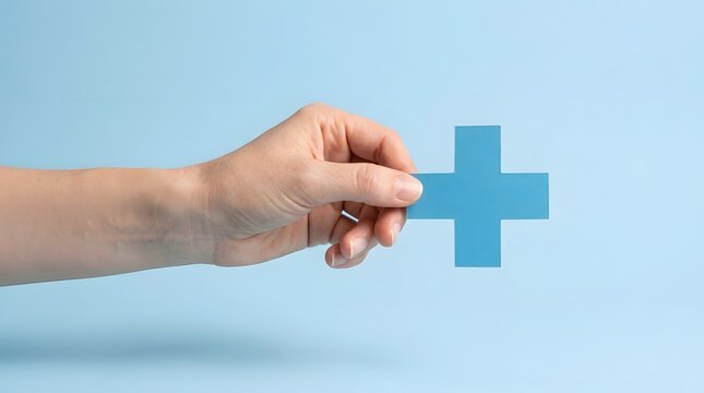 Plus sign symbol held by fair-skinned hand, representing positive addition, benefits, and medical care