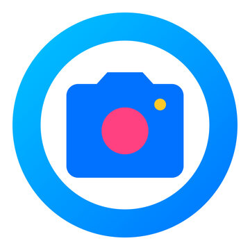 circular badge with blue gradient border white center and blue camera body pink lens yellow flash
