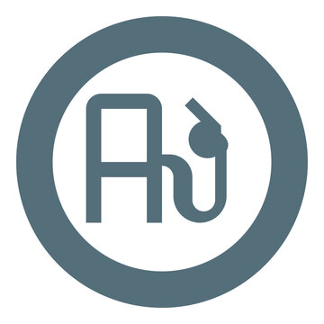 round gray badge with white circle and gas pump icon